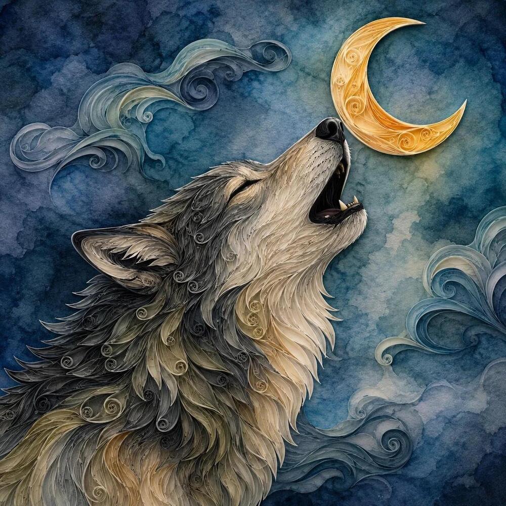8x8 Framed Quilled Wolf and Crescent Moon Art Print